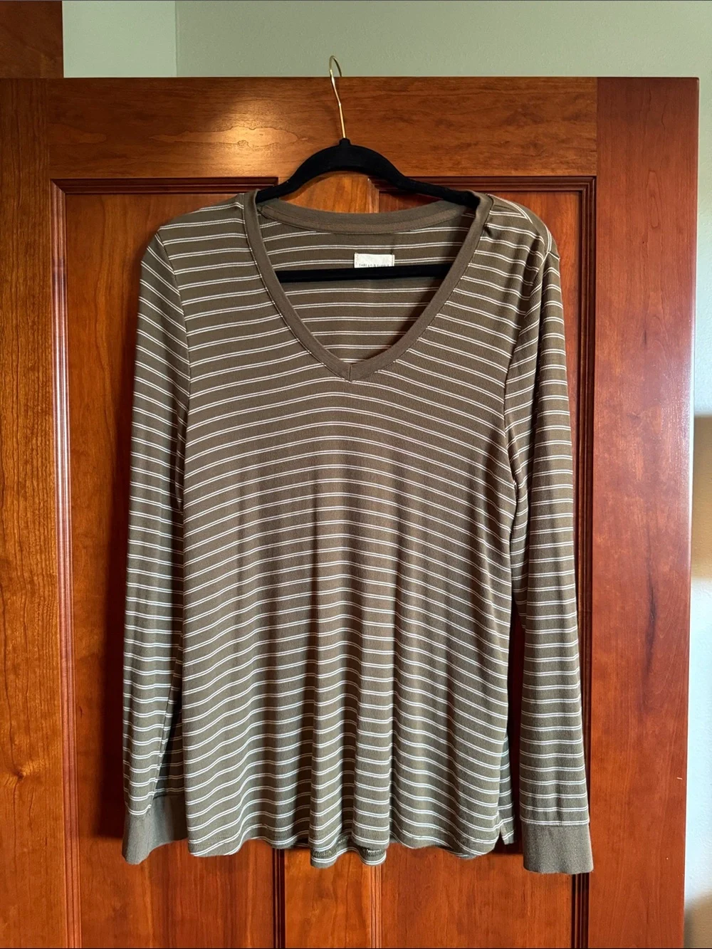 Thread & Supply Green and White Striped V-Neck Long Sleeve Top